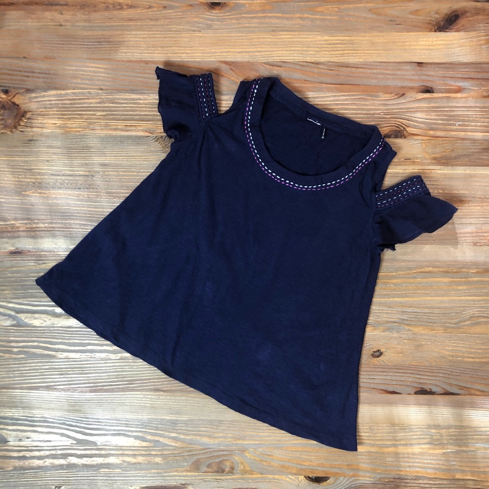 Anthropologie Open Shoulder Navy Blue Top